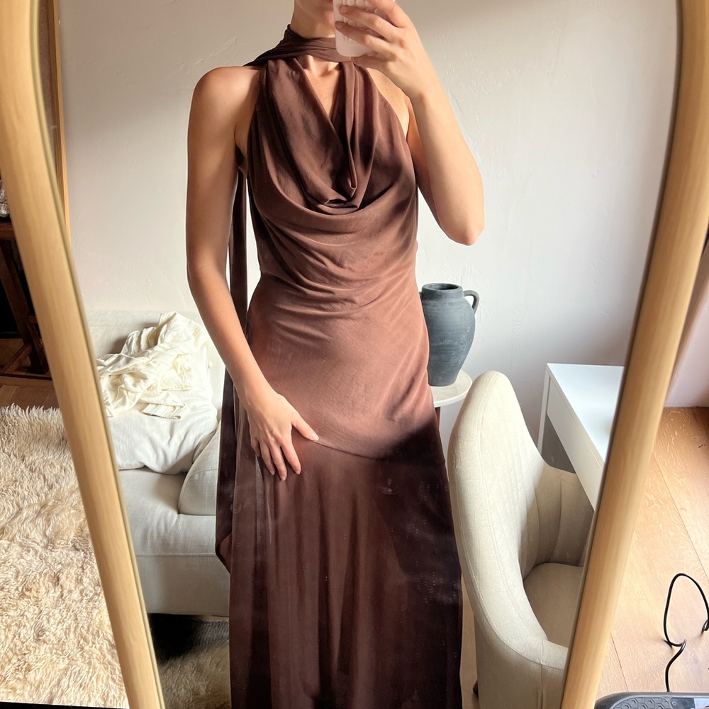 Brown Draped Halter Maxi Dress